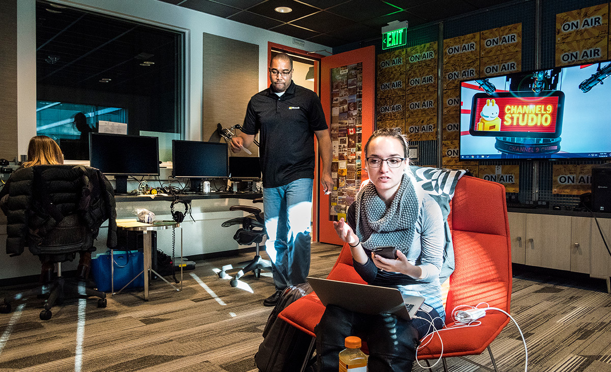 Donovan Brown visits the Channel 9 studio in Redmond, Washington, with fiancée Chelsea Franklin to record a video segment for the network.