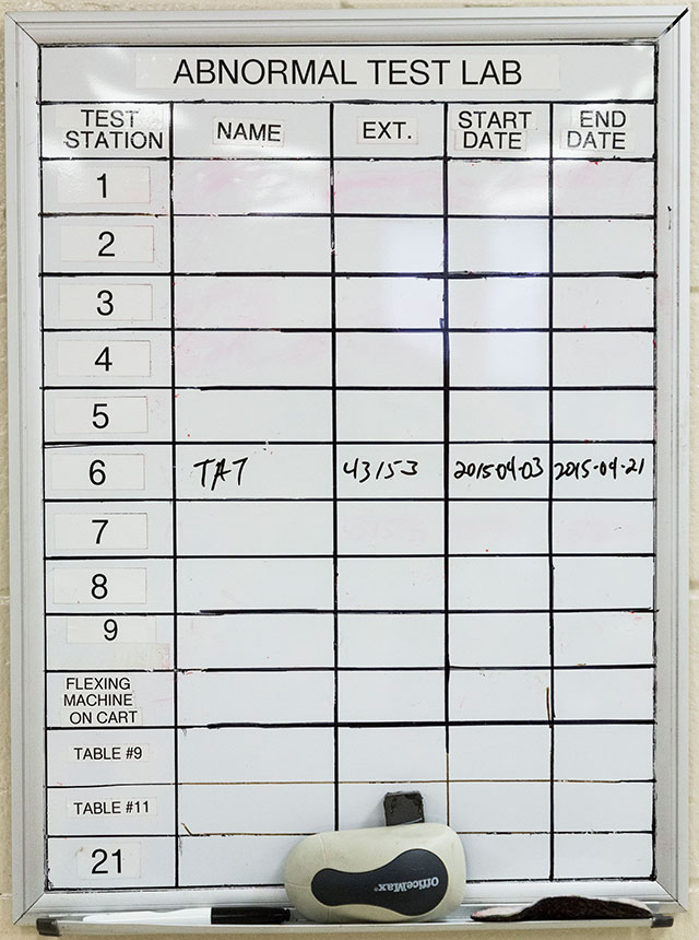 A picture of the whiteboard in the abnormal test lab